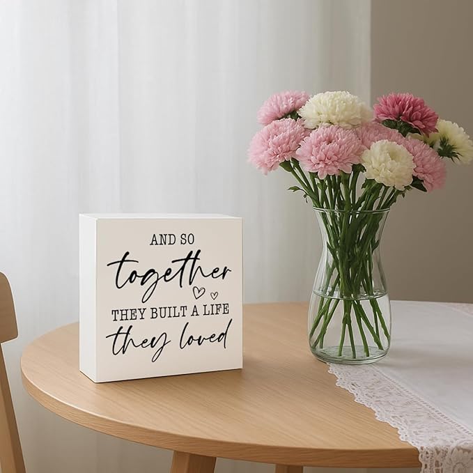 Motivational Home Decoration, And So Together They Built A Life They Loved, Farmhouse Wooden Signs, Positive Quote Sign, Home Desk Decor, Housewarming Gift, Box Sign Decor Tabletop, 5.1x5.1inches