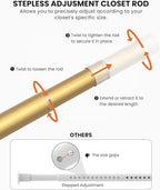 2 Pack Closet Rods for Hanging Clothes, 17 to 54 Inches Stepless Adjustable Metal Closet Rod, 1.3 Inches Heavy Duty Clothes Hanging Rod for Closet Wardrobes Laundry RV, Golden