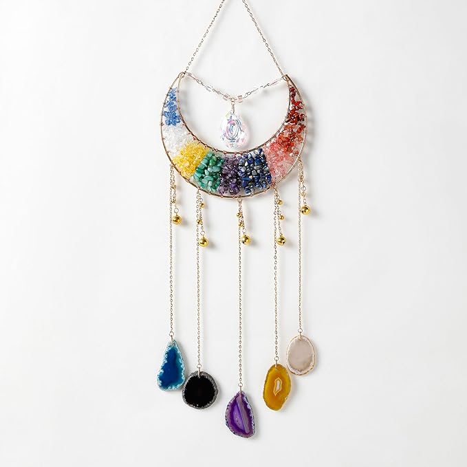 Agate Gemstone Dream Catcher 7 Chakra Tree of Life Dream Catcher with Rainbow Crystal Stones Handmade Dreamcatcher Wall Decor for Adults Boys Girls,Bedroom,Wedding,Garden,Bless Gift(Inverted Moon)