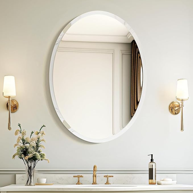 USHOWER Bathroom Mirror for Over Sink, 20x28 Inch Oval Frameless Mirror, Beveled and Polished, Decorative Wall Mirror for Bathroom, Bedroom, Vanity, Entryway, Modern and Elegant