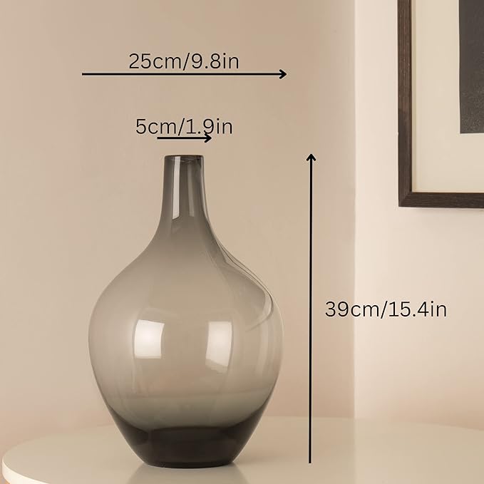 Floor Vase, Large Gray Glass Tall Big Vases, Smoked Black Glass Vase, Large Decorative, 15 inches Tall, Demijohn