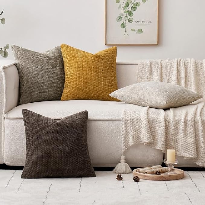 MIULEE Pack of 4 Couch Throw Pillow Covers 18x18 Inch Neutral Gold/Brown Soft Decorative Chenille Pillow Covers Farmhouse Accent Cushion Covers for Boho Home Decor Sofa Bedroom Living Room