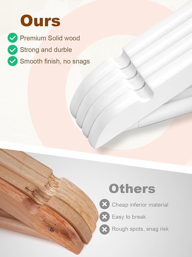 HOUSE DAY White Wooden Hangers 10 Pack, Solid Wood Hanger with Non Slip Pant Bar, Heavy Duty Wooden Coat Hanger for Closet, Smooth Finish Wood Clothes Hangers for Shirts, Suits Jackets, Dress