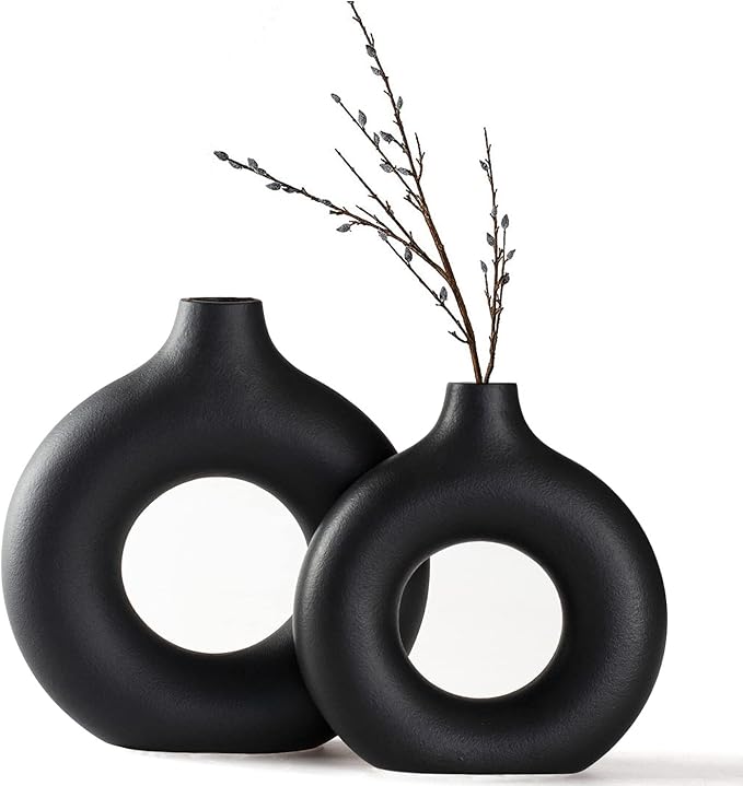 CEMABT Vases for Pampas Grass, 2pc Creative Vase Modern Home Decor,Handmade Vase Black Ceramic Dried Flowers Crafts Ornaments for Office Home Deco Decoration