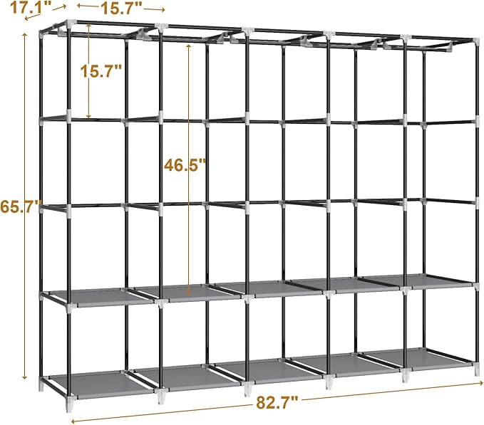 83 Inch Wide Portable Closet Wardrobe, Clothes Storage Rack Organizer with Cover, 5 Clothes Hanging Rods and 10 Storage Shelves, Grey