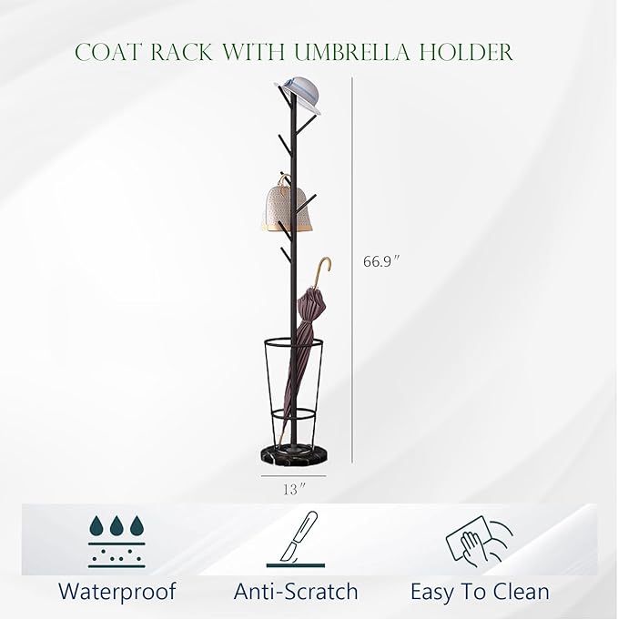 Metal Umbrella Stand with Coat Rack,Modern Umbrella Holder for Entryway,Freestanding Umbrella Rack with Marble Base,Tall Umbrella Storage for Indoor Outdoor Patio(66.9″, Black White)