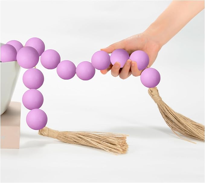 OMISHE 76" Long Large Wood Bead Garland with 1.6" Diameter Wooden Beads and Tassels, Rustic Farmhouse Country Wood Beads Garland for Home Tiered Tray Decor, Decorative Beads with Tassels Purple
