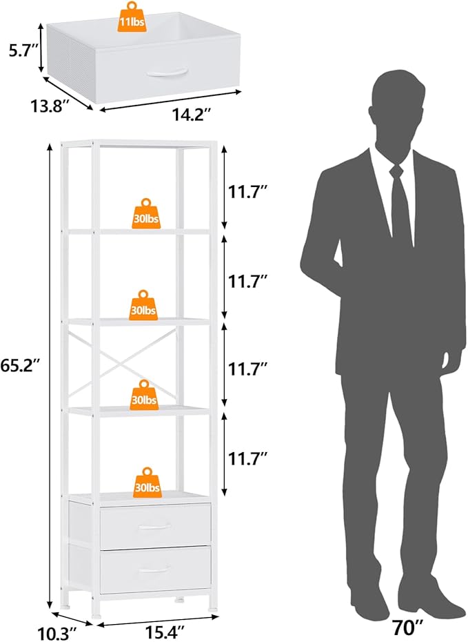 Furnulem 5-Tier Corner Shelf, Narrow Bookshelf with 2 Storage Drawers, Tall Bookcase, Wood Display Standing Shelf Organizer Unit for Living Room, Bedroom, Metal Frame(White)
