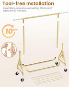 Heavy Duty Clothes Rack, Metal Clothing Rack Load 450 LBS, Rolling Coat Racks for Hanging Clothes with Lockable Wheels, Wardrobe Closet Garment Racks for Bedroom, Gold