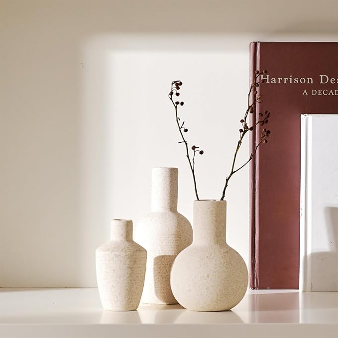 DN DECONATION Ceramic Vase Set of 3, Small Vases Home Decor Boho Rustic Farmhouse for Pampas Grass & Dried Fresh Flowers, Modern Decorative Vases for Living Room, Bedroom, Entryway, Shelf, Table Decor