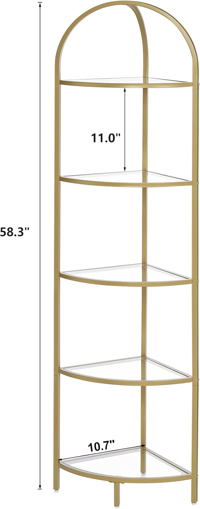 Homhedy 5-Tier Corner Shelf Stand, Metal Corner Bookshelf, Tempered Glass Shelves, Bathroom Storage Rack Shelf, Plant Stand, Modern Style, Golden