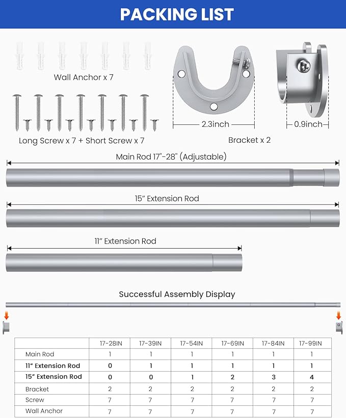 Closet Rods for Hanging Clothes, 17 to 84 Inches Stepless Adjustable Metal Closet Rod, 1.3 Inches Heavy Duty Clothes Hanging Rod for Closet Wardrobes Laundry RV, Silver