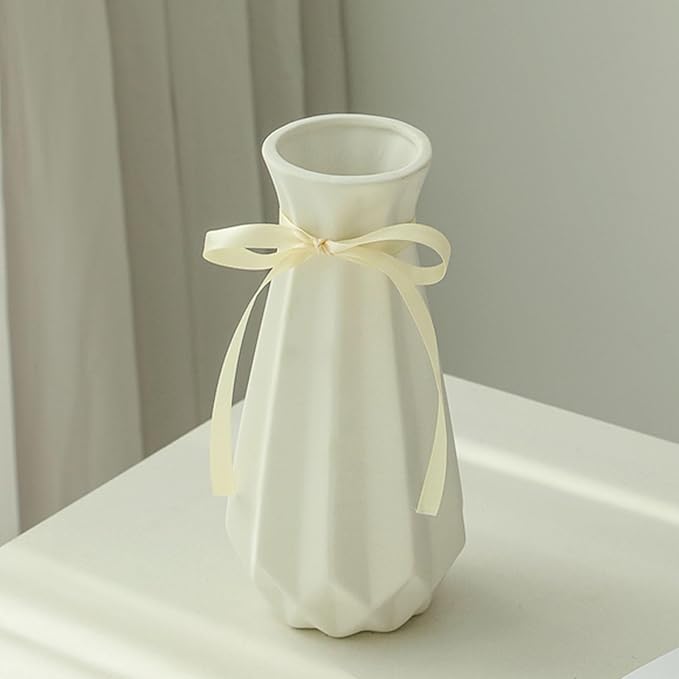 Origami Ceramic Vase with Ribbon, 7.9" H, Artistic Design Flower Vase Geometrical Style for Modern Home Decoration