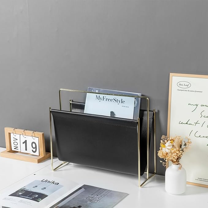 MyGift 15-Inch Modern Black Leatherette & Brass Plated Metal Magazine Holder – Floor Standing Faux Leather Sling Style Newspaper Rack for Home, Bathroom, Office Decor