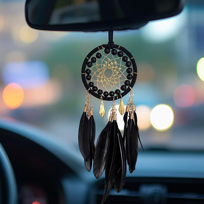 Black Dream Catcher for Cars Rear View Mirror Hanging Decor Handmade Feather Small Car Charms Pendant Gift