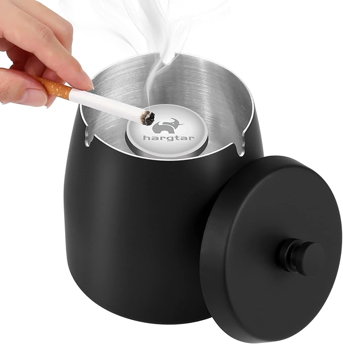Large Ashtrays for Cigarettes Outdoor Ashtray with Lid, Outdoor Ashtrays for Cigarettes Patio, Metal Ash Tray Sets Windproof Outside Covers Iron Odorless Stainless Steel, Black Ashtray, Large