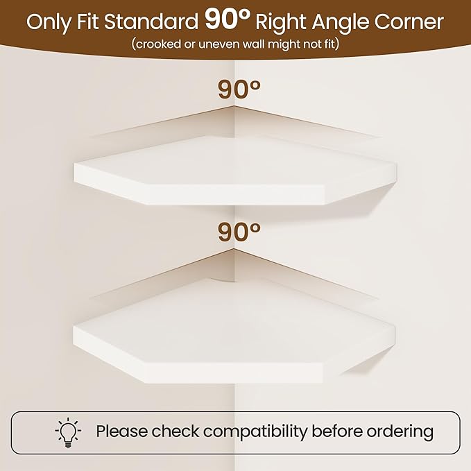Fun Memories Corner Shelf Wall Mount Set of 2 - Solid Oak Wood Floating Corner Shelf with Cable Hole, 7in Rustic Design for Bedroom, Living Room, Kitchen (White)