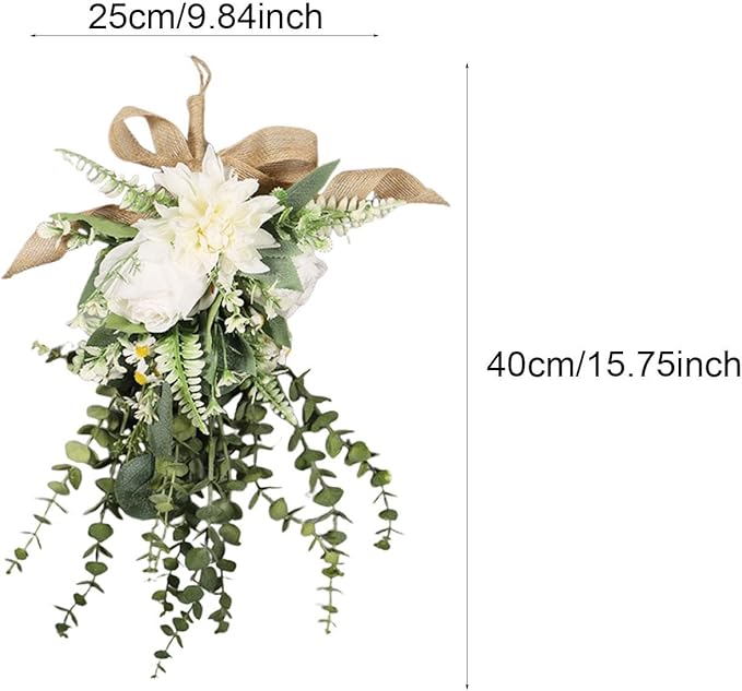 Fancyes Artificial Floral Teardrop Swag Silk Flower Hanging Garland Decorative Ornament Reusable Wall Accent Suitable for Gift Giving Home Decoration Office W, White