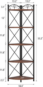 VECELO 5 Tier Corner Shelf Stand, 55.2" Tall Corner Bookshelf, Rustic Brown Storage Standing Shelf for Living Room, Plant Stand &Corner Bookcase for WallCorner, Living Room, Kitchen, Bedroom, Office
