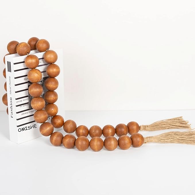 OMISHE 76" Long Extra Large Wood Bead Garland with 1.6" Diameter Wooden Beads and Tassels, Rustic Farmhouse Country Decorative Beads for Home Tiered Tray Decor, Brown