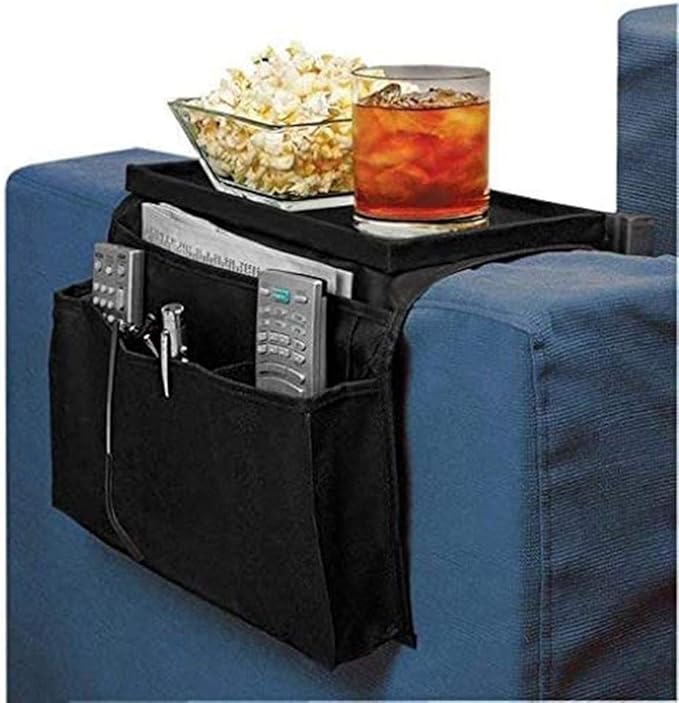 Sofa Armrest Organizer, Couch TV Remote Storage Organizer with Pockets for Recliner Armchair Snacks Glasses Smartphone Magazines Pouch (Gery)