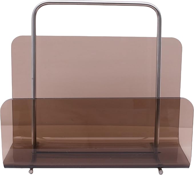 Magazine Holder, Brown Clear Acrylic with Stainless Steel Handle, Tabletop Display Stand
