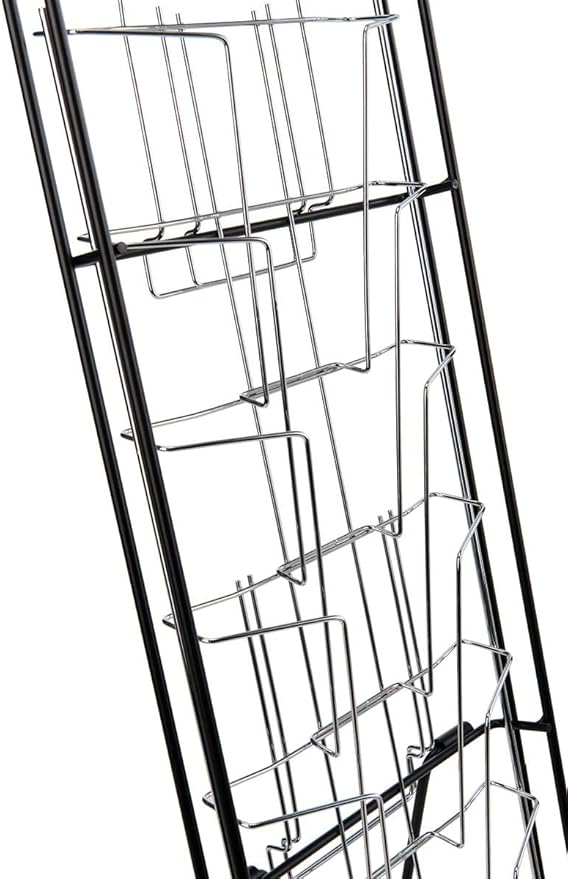 Portable Magazine Rack with 10 Pockets for 8.5x11 Catalogs, Carry Bag Included, 54"h Floor-Standing Literature Display with Tiered Design, Steel (Black)