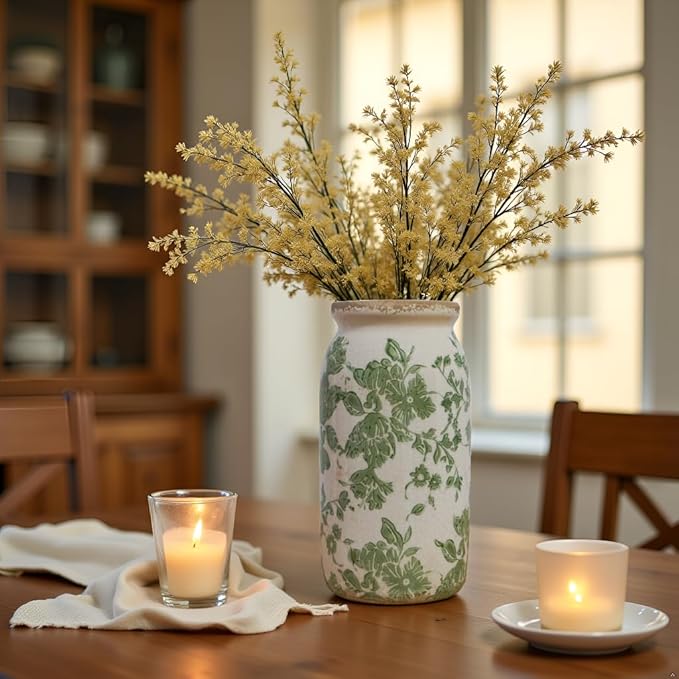 Vintage Green Floral Ceramic Vase, 8 Inch Crackle Glaze Rustic Handmade Vase, Decorative Pottery for Fresh or Dried Flowers, Farmhouse Cottage Modern Rustic Decor