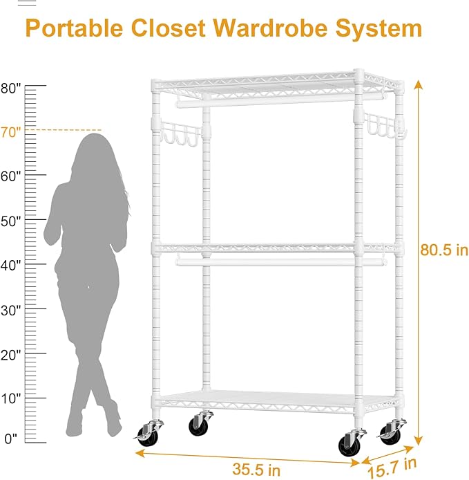 P1 Rolling Clothes Rack Heavy Duty, Metal Closet Clothing Rack with Lockable Wheels, Portable Wardrobe Closet for Hanging Clothes, 35.5" W x 15.7" D x 80.5" H, Hold 500lbs, White