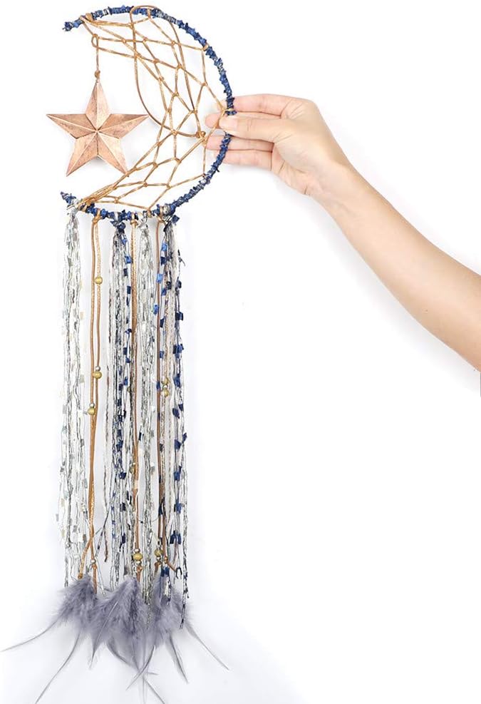 Dremisland Blue Dream Catcher Handmade Half Circle Moon Design Dream Catcher Feather Hanging with Star Home Decoration Ornament Festival Gift (Moon& Star)