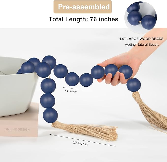 OMISHE 76" Long Extra Large Wood Bead Garland Navy Blue with 1.6" Diameter Wooden Beads and Tassels, Rustic Farmhouse Country Decorative Beads for Home Decor Tiered Tray Decor, Navy Blue