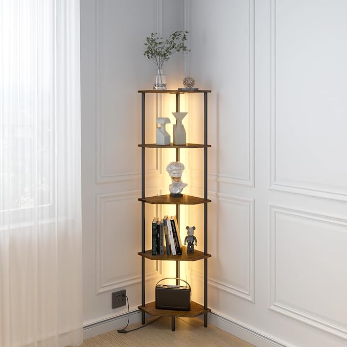5 Tier Corner Shelf with LED Light,Tall Standing Shelf Organizer,Narrow Bookshelf,The Classic Combination of Rustic Brown and Black Standing Bookcase,Suitable for Bedroom,Living Room,Kitchen