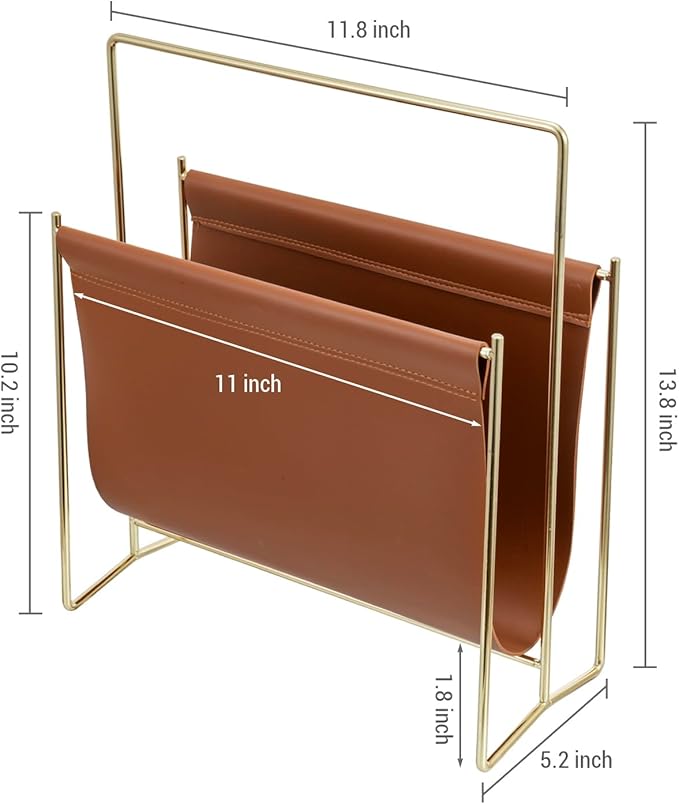 MyGift 13 inch Modern Caramel Leatherette Magazine Holder Floor Standing Sling Style Rack with Brass Tone Metal Frame