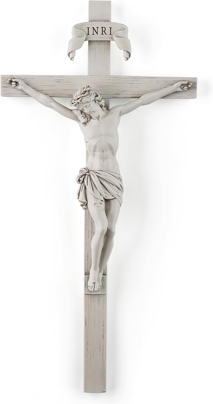 BC Catholic Crucifix Wall Cross, 10" H Jesus Christ Home Decor, Religious Gift, Wood Carved Look, Grey White Finish, Hand Painted by Buildclassic