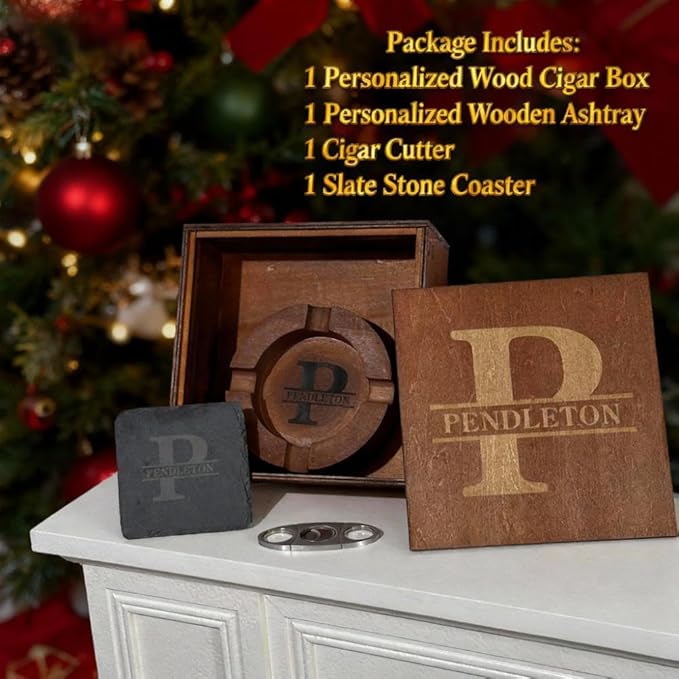 Fathers Day Dad Gifts, Personalized Cigar Ashtray Set for Men Husband, Custom Name Engraved Cigar Ash Tray, Walnut Wooden Outdoor Patio Home Ashtray for Outside, Birthday, Anniversary, Christmas