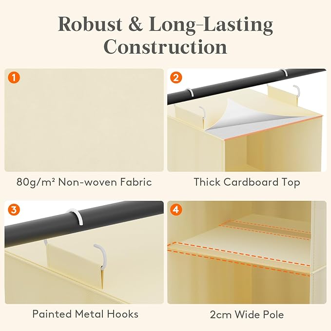 Lifewit 5 Tier Hanging Closet Organizer and Storage for Shelves, Foldable Clothes Shelf with 2 Sturdy Hooks, Sweater/Coat/Shoes Clothing Organization for Wardrobe, Dorm, Bedroom, Beige