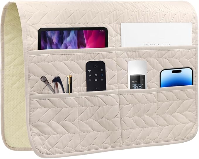 Sofa Armrest Organizer Arm Chair Caddy for Recliner, Remote Control Holder for Recliner, Non-Slip Armchair Caddy with 6 Pockets Storage for Magazine, Tablet, Phone, Beige