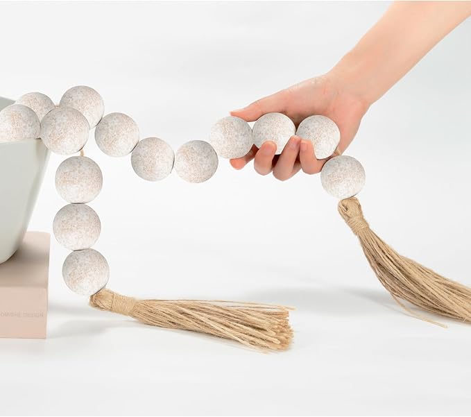 OMISHE 76" Long Extra Large Wood Bead Garland with 1.6" Diameter Wooden Beads and Tassels, Rustic Farmhouse Country Decorative Beads for Home Tiered Tray Decor, Rustic White