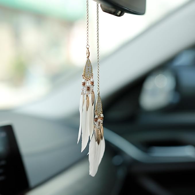 Mini Dream Catcher Car Interior Rearview Mirror Hanging Decor Nature Feather Small Boho Car Charms Pendant Accessories (New White)