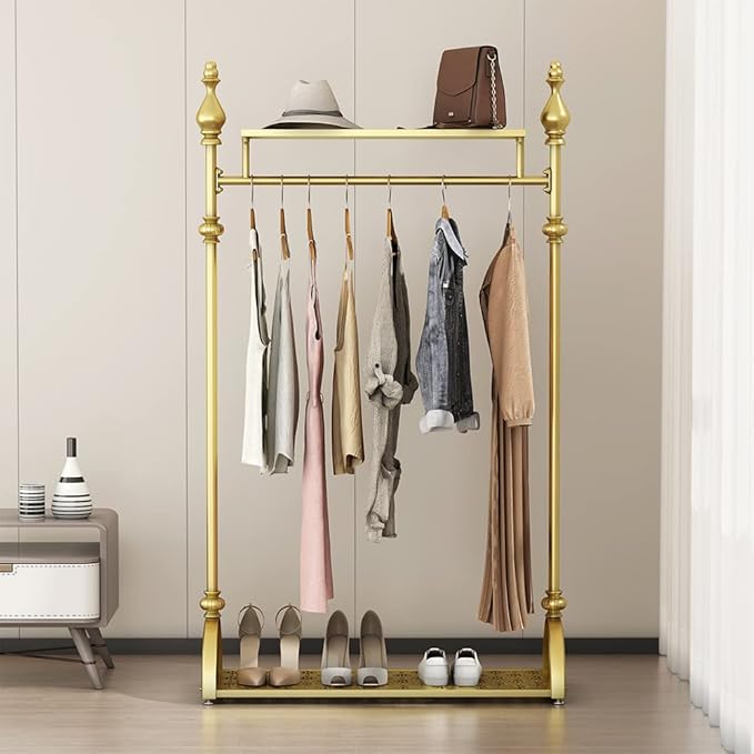 Clothing Rack Gold, Industrial Clothes Rack for hanging Clothes with Double Shelves Freestanding Multi-functional Heavy Duty Garment Rack, Metal Movable Coat Rack for Organizing Clothes Shoes