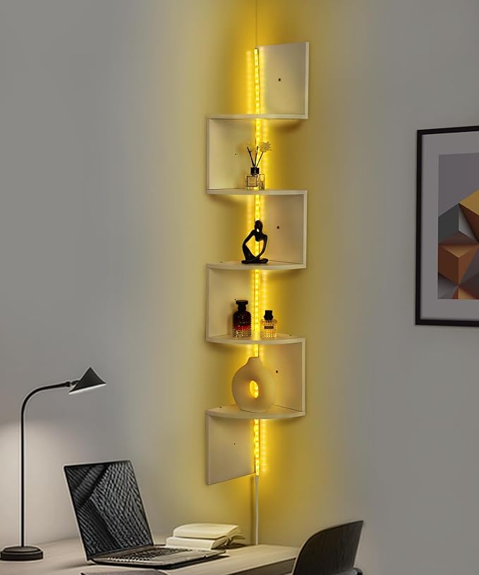 5 Tiers Corner Shelf with RGB LED Lights, 49.2" Wall Mount Floating Corner Display Shelf for Living Room Bedroom Home Office Decor, APP & Remote Control (White)