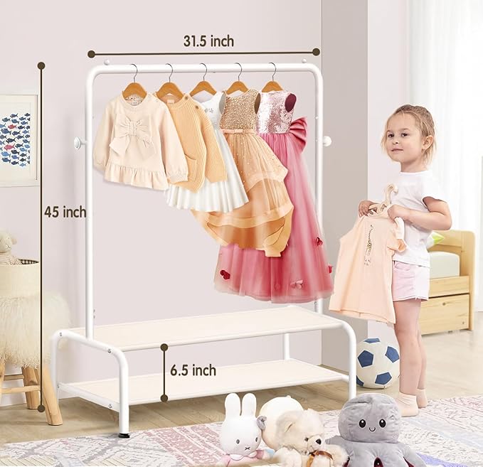 Kids Clothing Rack - Dress Up Clothes Rack - Baby Toddler Closet - Mini Freestanding Coat Racks with 2 Fabric Shelves - Small Kids Costume Wardrobe - Garment Rack for Hanging Clothes Organizer