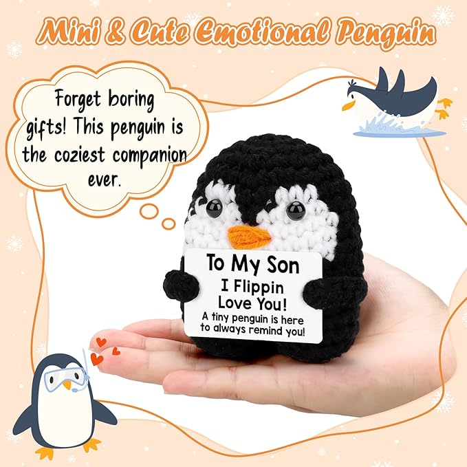Belatelove Son Gifts from Mom Dad, Handmade Crochet Mini Penguin Mother Day Birthday Gift for Son Teen Bonus Step, to My Son Gifts for Birthday, Funny I Love You Fathers Day Easter Decor