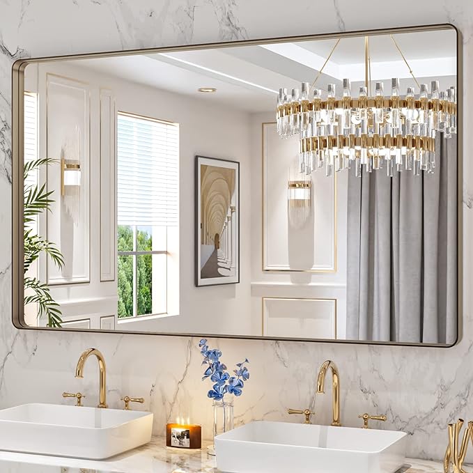 LOAAO 60”X36” Bronze Bathroom Mirrors for Vanity, Rounded Rectangle Brushed Bronze Metal Frame Mirror, Anti-Rust, Tempered Glass, Hangs Horizontally or Vertically