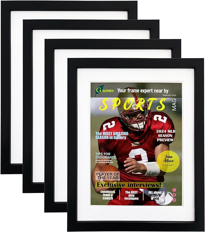 Goldfinch 4 Packs Sports Magazine Frames Displays Magazines Measuring 8.5 x 11.25 or 8.25 x 11 inches with Double White Core Matting, Deep Frame Moulding, with Installed Hangers