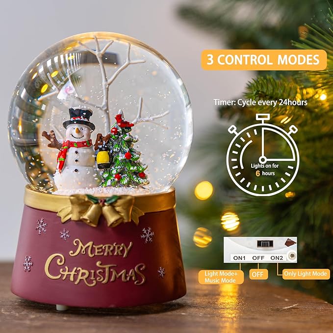 Christmas Snow Globe Lantern Water Glittering Snowman Crown with Music & Timer, USB Lined/Battery Operated Lighted Water Lantern for Christmas Festival Decoration Gifts