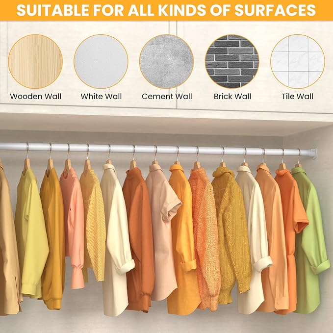 Closet Rods for Hanging Clothes, 17-39 Inch No-Cut Stepless Adjustable Closet Rod, 1.3 Inch Heavy Duty Metal Closet Hanging Rod with Brackets, White Closet Bar for Closet, Laundry Room, RV, Wardrobes