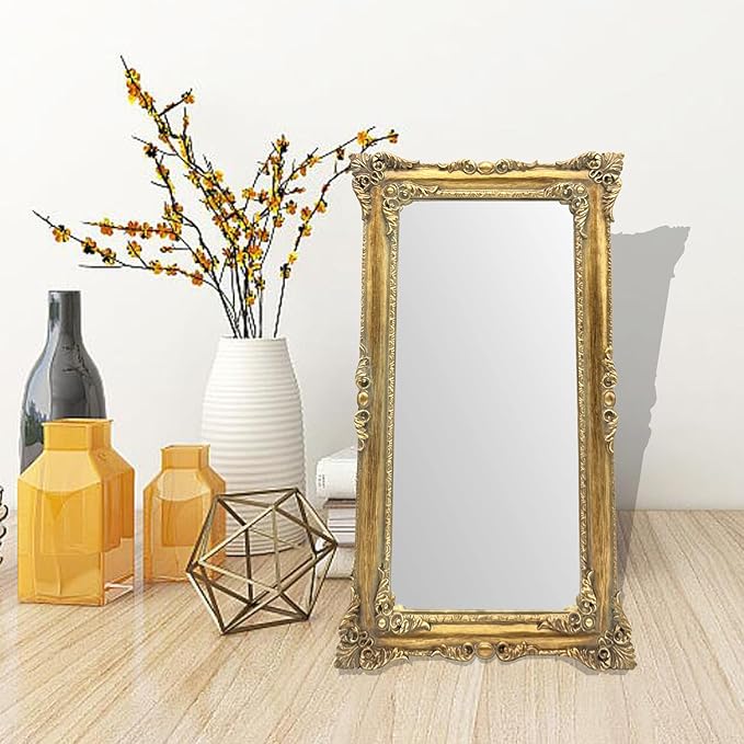 Gold Vintage Mirror 8x14 Inch, Antique Ornate Decorative Mirror for Desk & Wall, Small Vanity Mirror for Makeup Wall Decor, Antique Gold