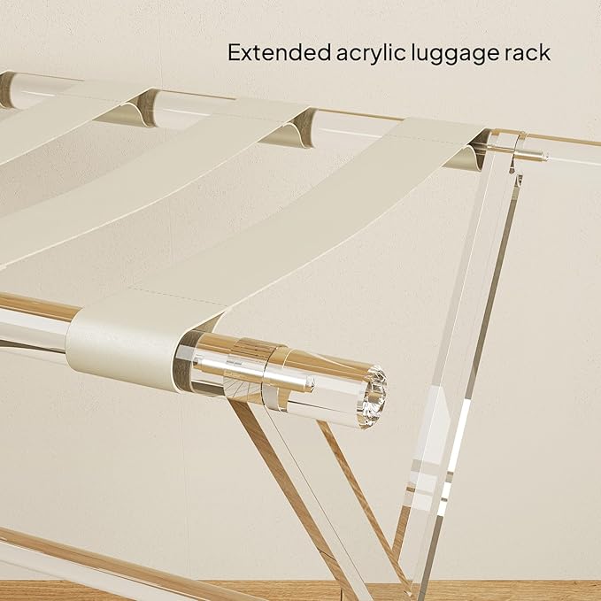 Sumerflos Acrylic Luggage Rack for Guest Room - Foldable Suitcase Stand with Leather Straps for Bedroom Living Room Hotel Heavy-Duty, Holds up to 50-100 lb lightweight Space Saving (Beige & Handle - 1 Pcs)