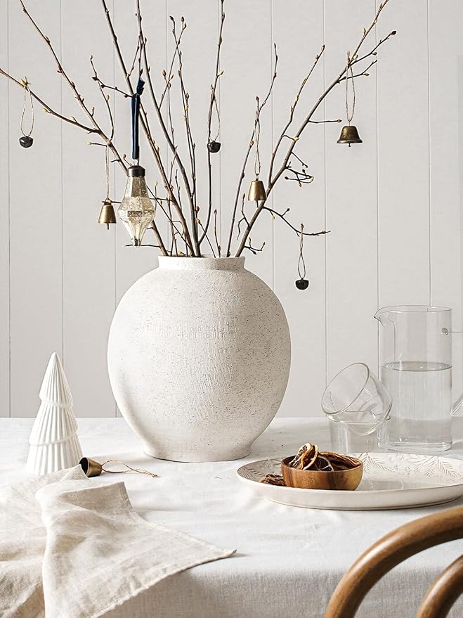 Ceramic Rustic Vase, 10.8 Inch Farmhouse Minimalist Tall Flower Vase for Table, Living Room, Home Decor, Bathroom, Holiday, Wedding, Set of 1, Sandstone White